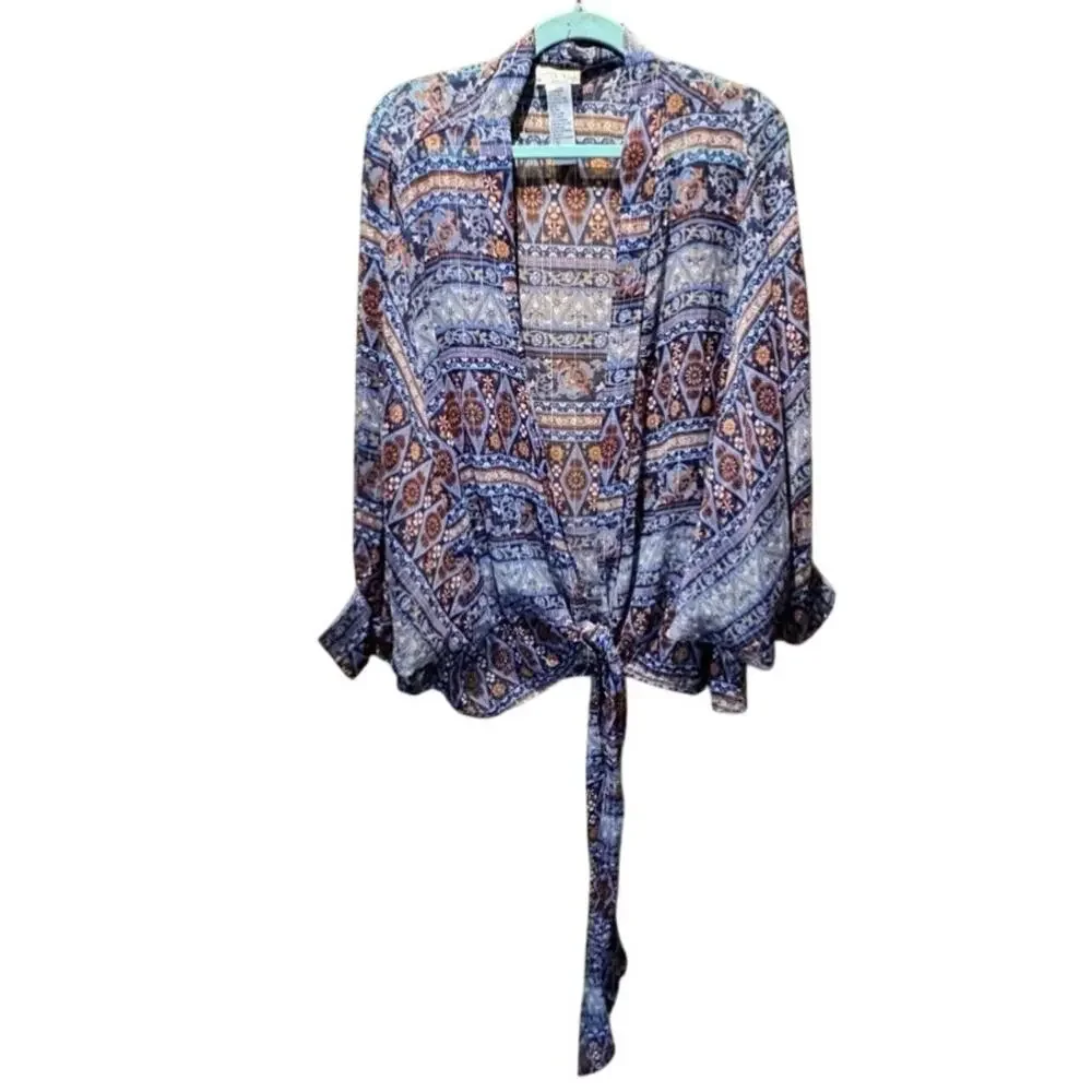 Free People Solstice Shimmer Tie Front Kimono Geometric Blue Shimmer One Size